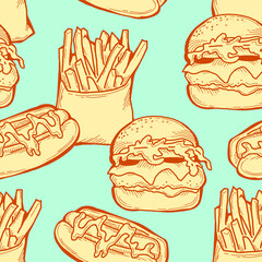 Fast food seamless pattern with hamburger, french fries, hot dog. Decorative design for wrapping paper, fabric print, digital background. Hand drawn doodle style cartoon illustration.
