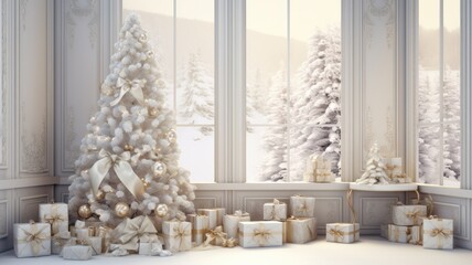 an elegant and cozy white Christmas background with beautifully wrapped gifts and a decorated tree in a home setting.
