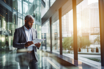 Successful mature afro american man walking in business building with tablet in hand. Confident black business man in business environment building