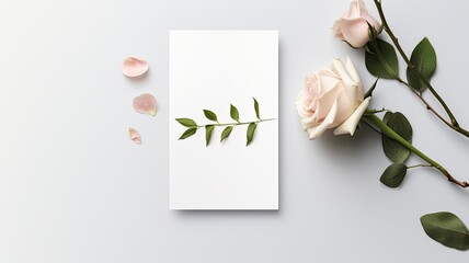 a stunning and minimalist wedding invitation in white, enhanced by a flat lay mockup with delicate rose flowers, showcasing simplicity, modernity, and ultra-realistic details.