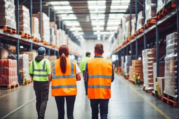 Foto op Canvas Warehouse employees in action moving boxes in storage. Workers in big warehouse in orange reflective vests and helmets walking in warehouse back shot. © VisualProduction