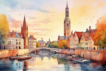 Fototapeta premium Watercolor painting of Bruges old town and belfry tower at sunset, Belgium. Illustration of famous viewpoint. Generative AI