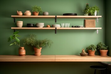 Kitchen with green wall paneling and wooden shelf. Generative AI