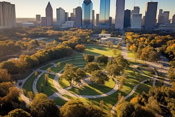 Cityscape aerial view of downtown Houston, Texas with park in the foreground. Generative AI - obrazy, fototapety, plakaty