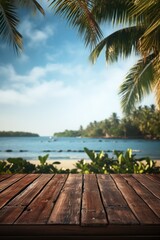 A beachside bamboo table with an empty top, beautifully framed by the sea and a picturesque sky, offering a tropical ambiance for outdoor dining.