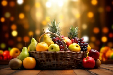 Vibrant fruits, basket, defocused backdrop, bokeh lighting, empty wooden tabletop. Generative AI