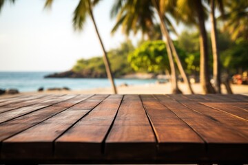 An empty rustic wooden table on a sun-kissed beach with a blurred, scenic coastal backdrop, making it a serene spot for seaside relaxation.