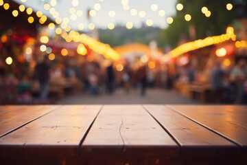 A boho-style wooden table placed at the center of a vibrant music festival, where the energetic...
