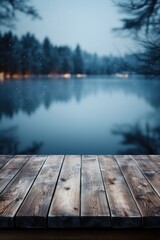 A tranquil dark wood table overlooking a frozen, icy lake within a snow-covered forest, presenting a serene winter wonderland in the backdrop.