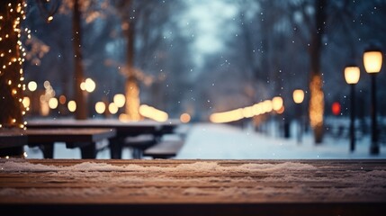 A snowy city park with a dark wood table, offering views of a snow-covered forest, icy lake, and holiday lights on trees.