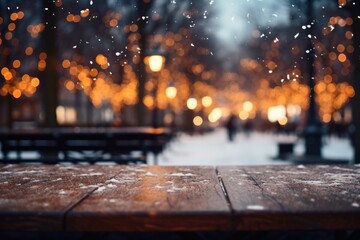 A snowy city park with a dark wood table, offering views of a snow-covered forest, icy lake, and holiday lights on trees.