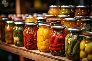Glass jars with variety of pickled vegetables and fruits in the kitchen
