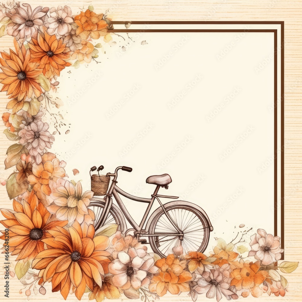 Wall mural bike Floral frame greeting card scrapbooking watercolor gentle illustration border wedding