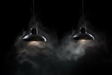  Two black hanging lamps with smoke on dark background. 3D rendering