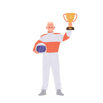 Speed race driver cartoon character in uniform holding helmet and trophy goblet cup reward