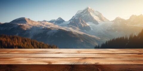 A classic wood surface smoothly melding with a softly out-of-focus mountain range, crafting an elegant and peaceful environment.