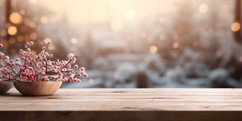 A wooden counter with a cozy charm, gracefully merging with the blurred winter wonderland, offering a serene blend with the softly blurred backdrop.