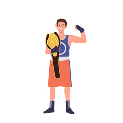 Sportsman boxer cartoon champion character holding golden belt reward for first place results