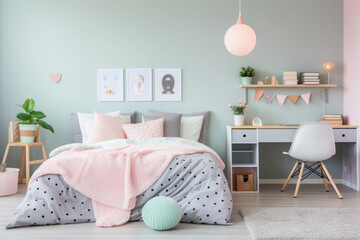 Cheerful kids bedroom with comfortable bed and desk decorated in a pastel colors. Generative AI