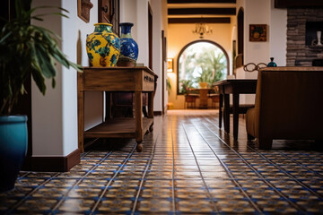 Colorful patterned tiles. Tile work of a classic style home. Generative AI