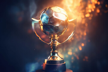 A champions trophy. Golden cup, fire and falling confetti, sport award. Generative AI illustration