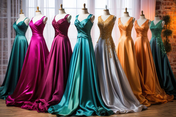 Beautiful evening dresses on a mannequin in a womens clothing store. AI generated - obrazy, fototapety, plakaty