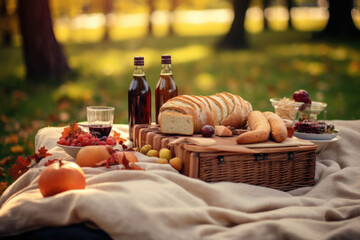 Cozy autumn picnic in the park with sandwiches and a plaid blanket. Generative AI