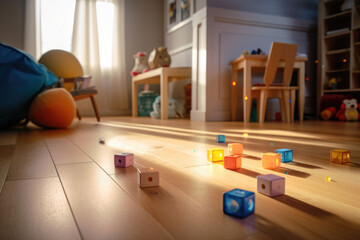 Children's room interior with toys on the wooden floor. Playroom with plastic colorful toys. Generative AI