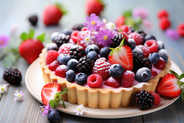 Appetizing fruit tart consisting of blueberries and raspberries with blossoms. Generative AI