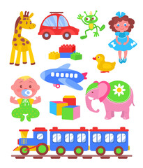 Cartoon kids toys. Baby colorful elements for playing. Cute dolls. Cars and train locomotive. Plush animals. Babies constructor blocks. Childish activities objects. Splendid vector set