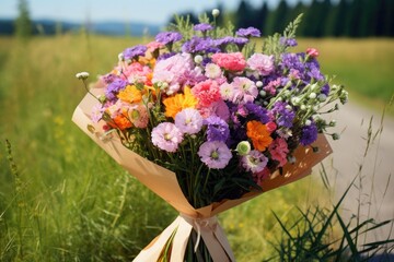 A stunning photo showcasing a bouquet of flowers adorned in delightful pastel and vivid colors, lovingly encased in elegant  paper, capturing the essence of beauty and simplicity