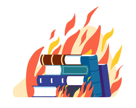 Censorship and dictatorship. Stack of books on fire. Textbooks burning in flame. Censored literature. Education destruction. Damaged knowledge. Information restriction. Vector concept