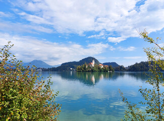 white clouds over Julian Alps and lake Bled. Slovenia.