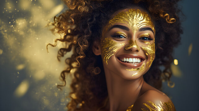 Fantasy close up portrait of smiling young woman with gold on skin, lips, body on gold lighting background. Beautiful face, gold glitter makeup. Fashion model