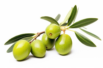Green olives with leaves on a white background Isolated