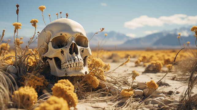 Human skull in the sand desert.