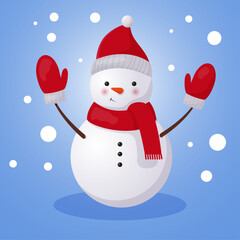 snowman with red hat, glove and scarf - vector illustration - winter mood