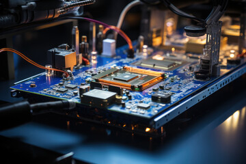 Fototapeta na wymiar Nano-level automatons executing rapid and precise repairs on damaged electronic circuits. Generative Ai.