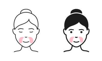 Face Anti Aging Procedure, Cosmetic Collagen Patches Against Wrinkles Symbol Collection. Patches for Beauty Skin. Girl Use Gel Patch Line and Silhouette Icon Set. Isolated Vector Illustration