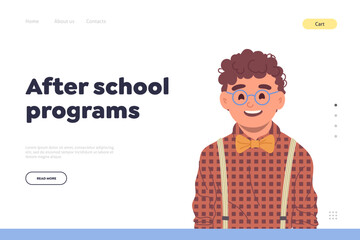 After school program educational online service landing page design template with happy schoolboy
