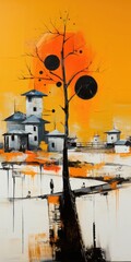 landscape house Abstract modern art painting collage canvas expression illustration artwork
