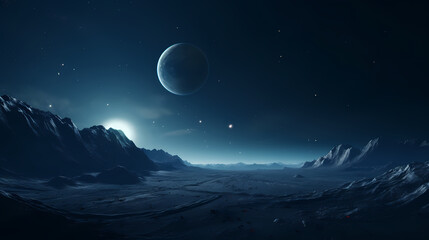 Fototapeta na wymiar A huge planet and a mountain background wallpaper poster PPT
