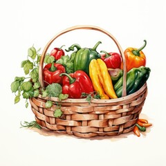 basket detailed watercolor painting fruit vegetable clipart botanical realistic illustration
