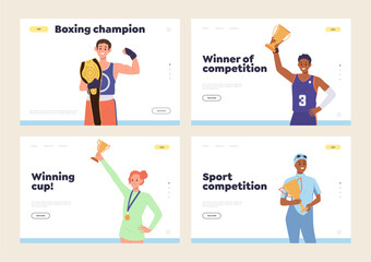 Isolated set of landing page with happy athlete sportsman celebrating victory holding trophy reward