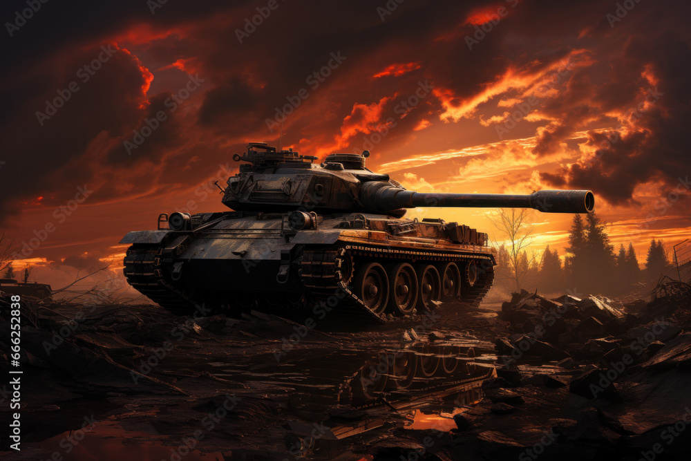 Poster a silhouette of a tank against a fiery backdrop, showcasing military power. concept of mechanized wa