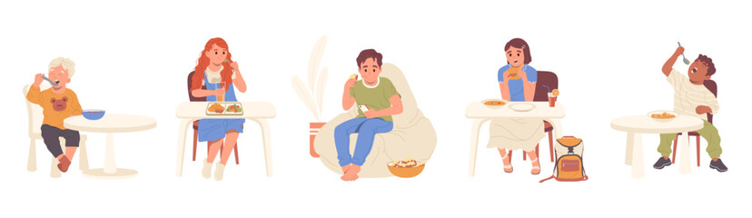 Set of little children having lunch eating healthy and junk food isolated on white background