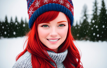 A beautiful girl in a hat and sweater on the background of a winter landscape
