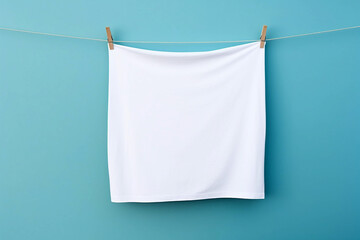 Clean white sheet drying on a line. Laundry with clothes pins on a rope. Clean clothesline dry laundry line. Empty space for text, mockup - obrazy, fototapety, plakaty