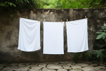 Clean white sheets drying on a line. Laundry with clothes pins on a rope outdoors. Clean clothesline dry laundry line. Empty space for text, mockup