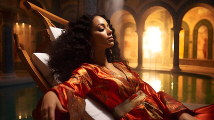 A mixed-race woman relaxing in an expensive stylish spa, reclining in a spa chair with closed eyes, wearing silk robe, with majestic interior in background and pool